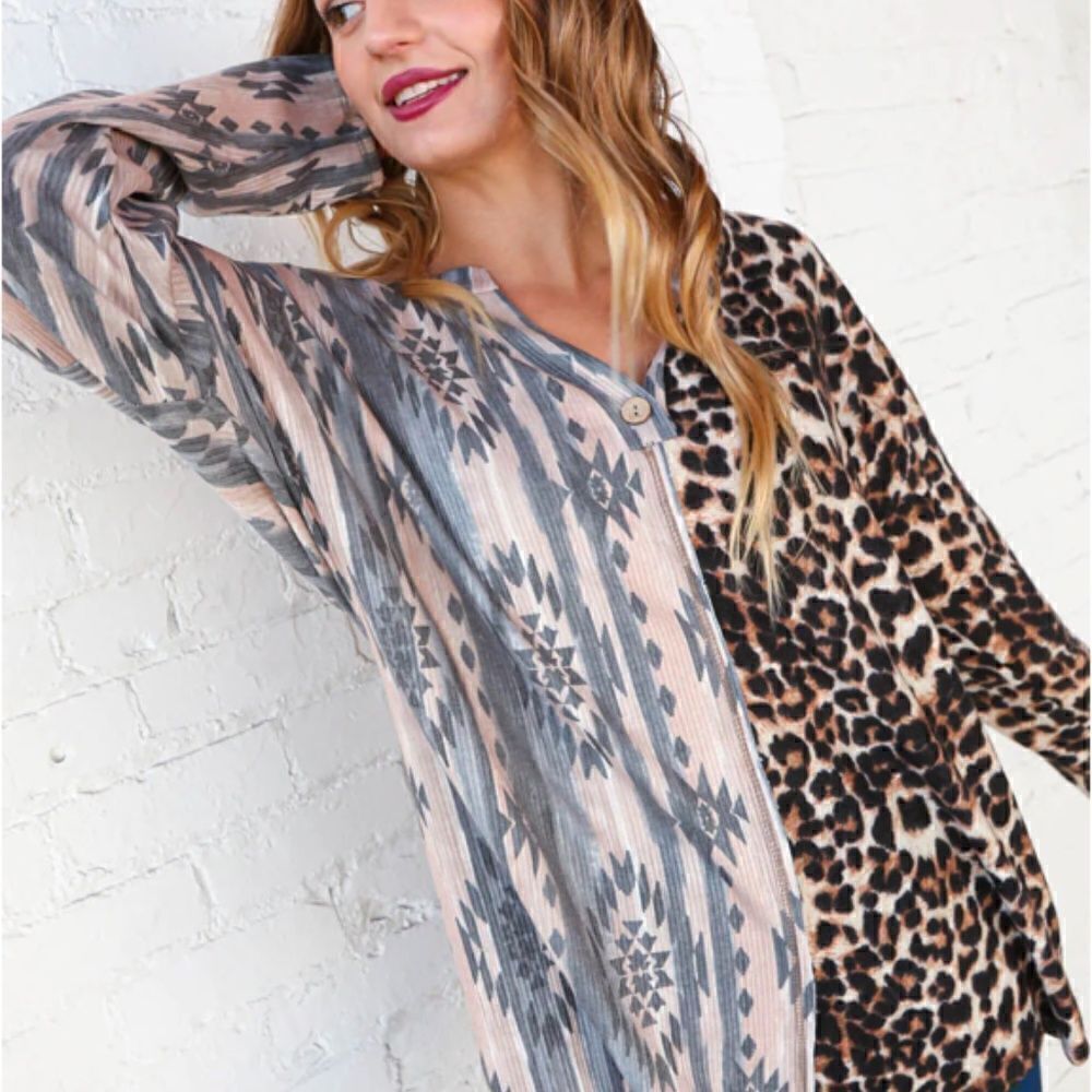 Aztec Leopard Print Color Block Rib Placket Button Front Tunic Top Buttery Soft - Picture 5 of 12